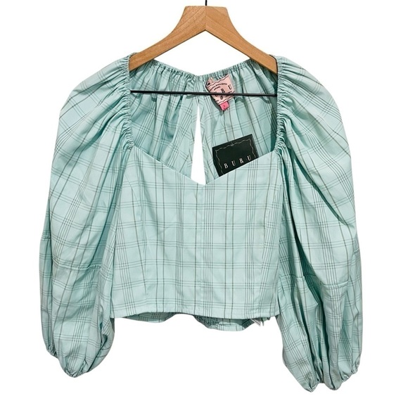 Buru Sweetheart Neck Balloon Sleeve Stripe Smocked Bustier Crop Top NWT Aqua - Picture 8 of 16